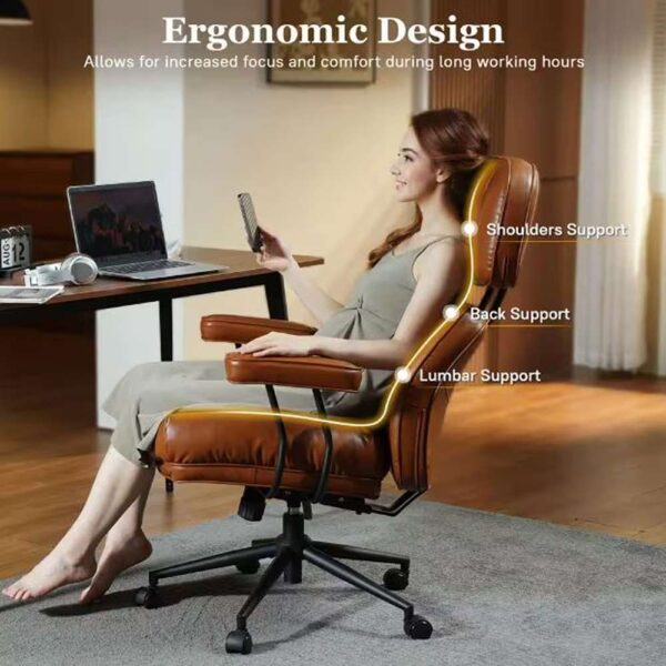 Kro PU Fabric Swivel Ergonomic Office Task Chair in Light Brown with Recliner High Back Lumbar Support Adjustable Arms